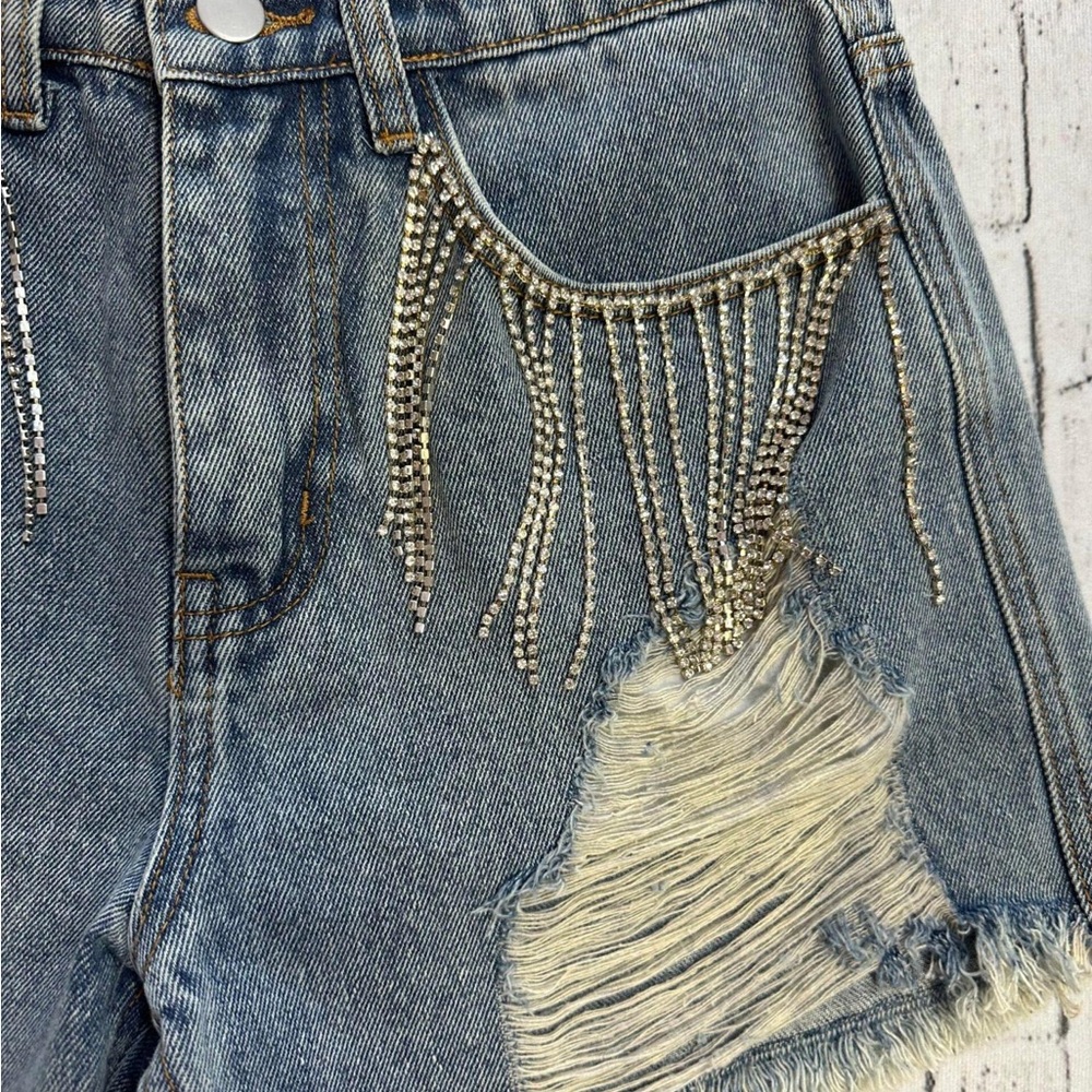 POL Denim Rhinestone Fringe Distressed Shorts - Picture 2 of 6